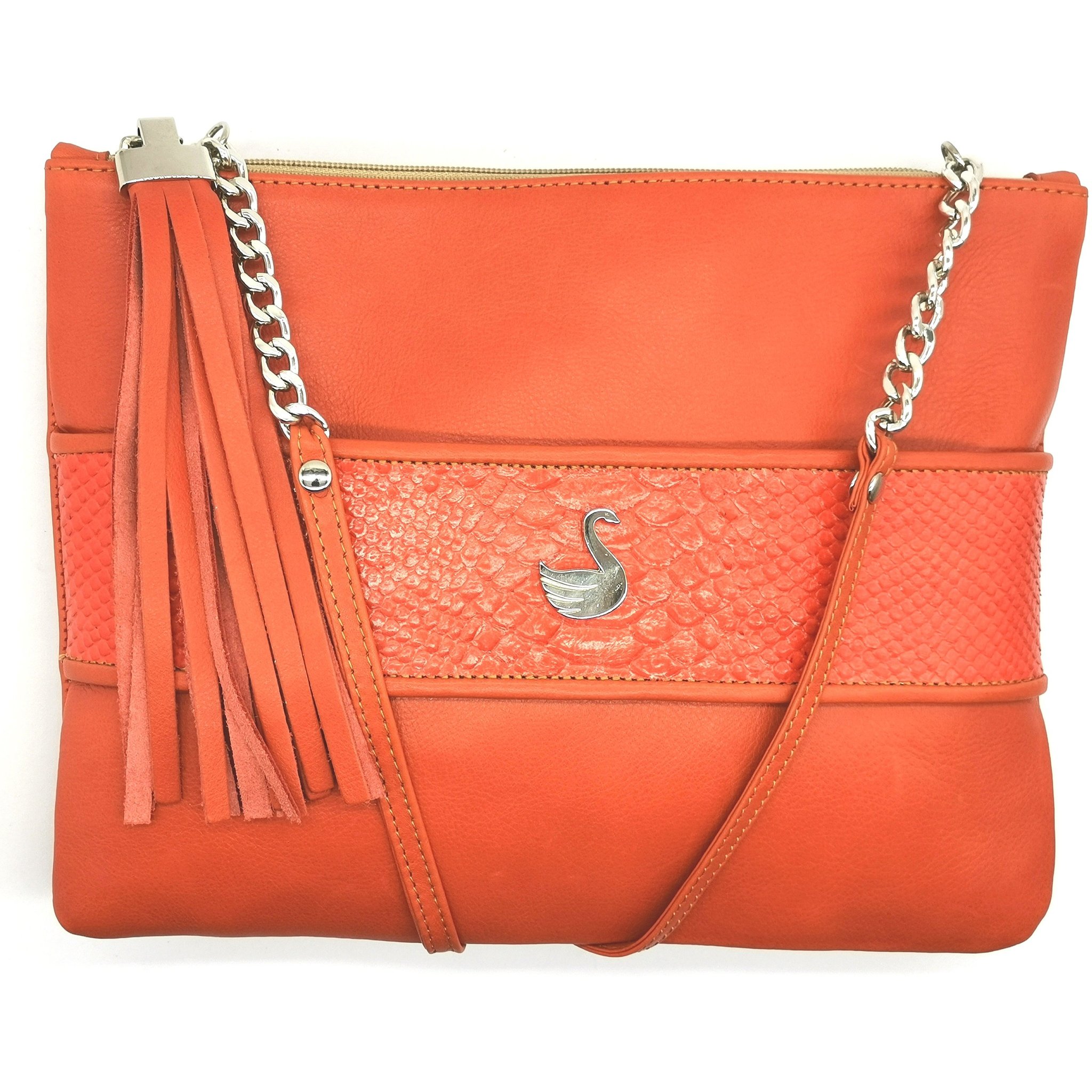 Black Swan sling in Coral Leather with coral snake print leather strap and coral sling